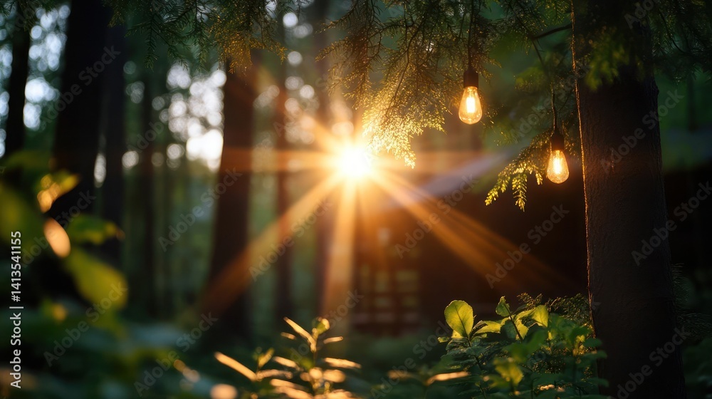 Fototapete a mesmerizing shot captures a vibrant sunset filtering through lush green trees. the sunburst effect