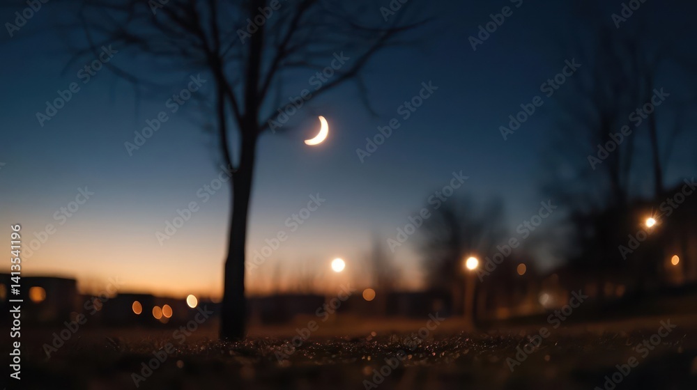 Aufkleber Captivating low-angle shot captures a serene night scene, featuring a crescent moon illuminating the sky above a silhouetted tree. Soft bokeh lights add a magical glow to the blurred cityscape