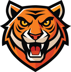Tiger Head Logo Fierce Expression Bold Colors Sports Mascot Vector Art.