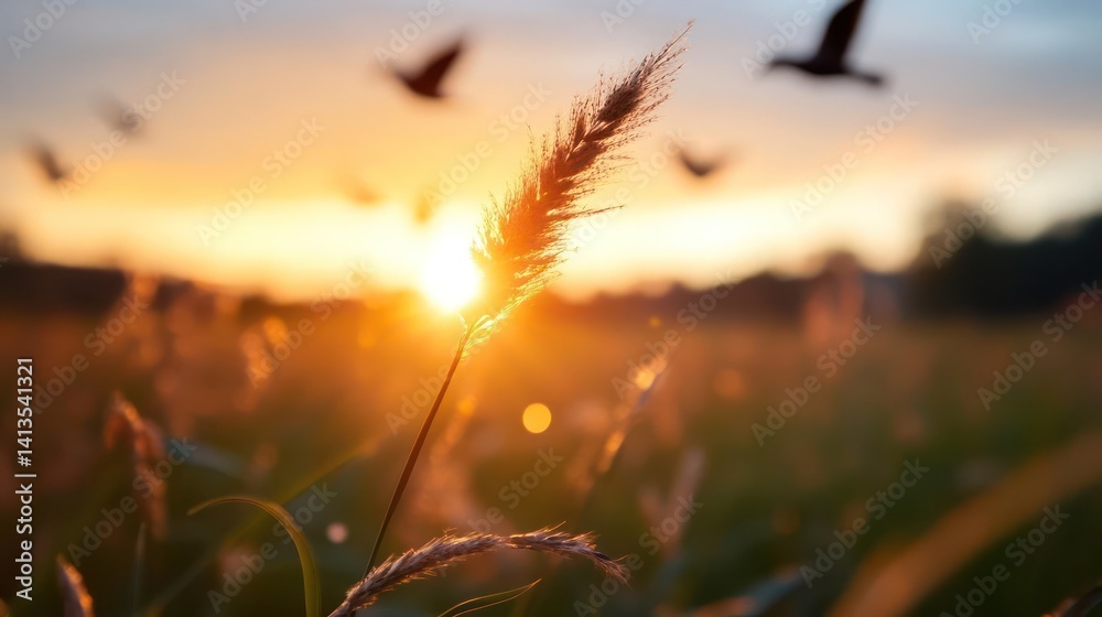 Poster Golden hour view featuring a wheat stalk in the foreground, backlit by the setting sun. Silhouetted birds fly above a field, creating a serene and natural scene with a warm color palette and blurred