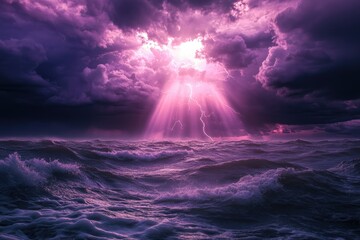 Fototapeta premium Dramatic purple sky over a stormy sea with lightning and sun rays.