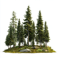 Fototapeta premium A cluster of evergreen trees with varying heights creates a dense and natural wooded area, set on a mound covered with grassy foliage.