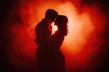Silhouette of a couple embracing passionately against a fiery red backdrop.
