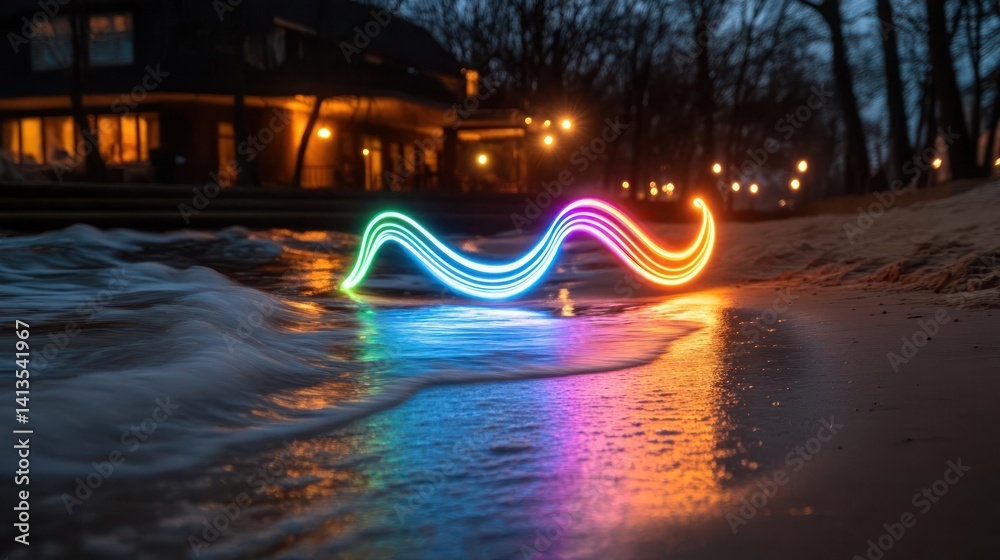 Poster abstract light painting on a sandy beach with waves lapping at the shore, reflecting vibrant colors 