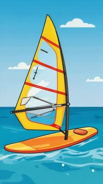 A yellow and orange windsurfer floating on rippled blue water with clouds in a vibrant, cartoon-style illustration.
