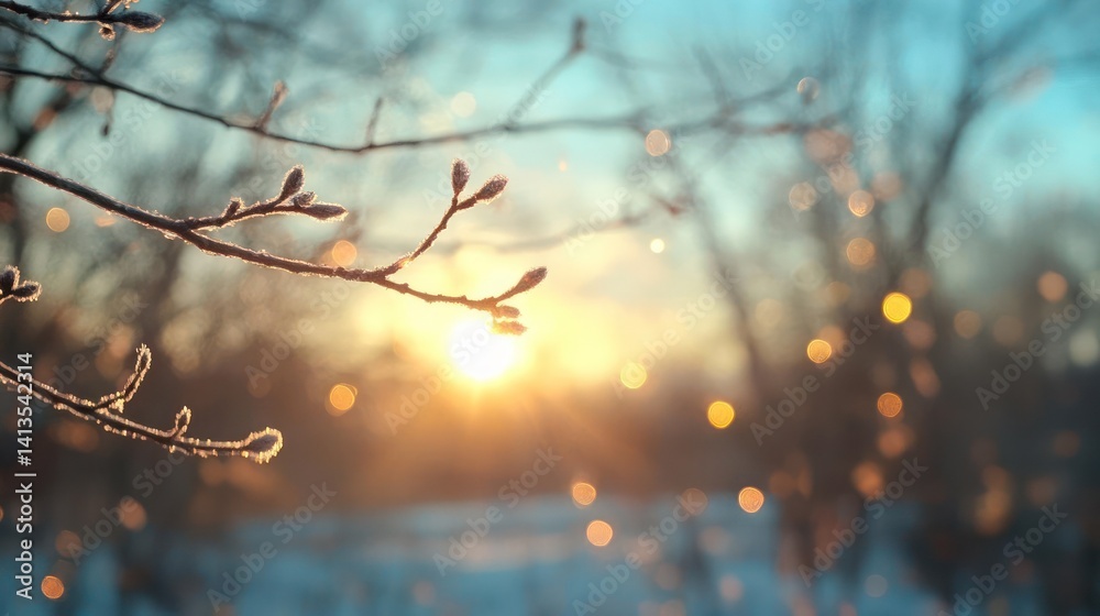 Leinwandbilder a serene winter scene features tree branches covered in frost, set against a warm sunset. bokeh ligh