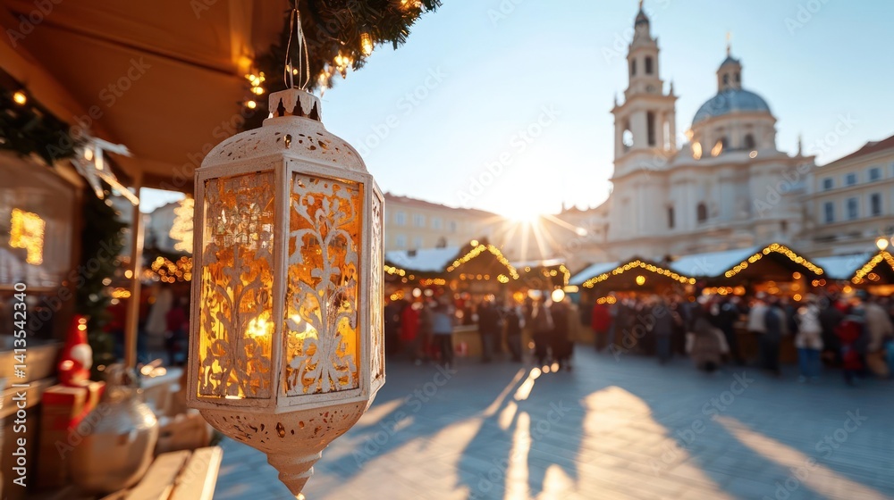 Poster this image captures a festive winter market scene with a decorative lantern hanging in the foregroun
