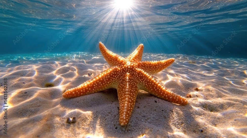 Poster a captivating underwater scene featuring a vibrant orange starfish centered on a sandy seabed, illum