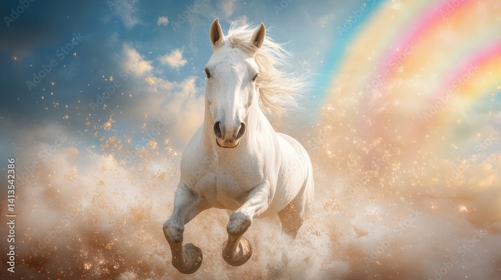 Aufkleber an ethereal scene captures a majestic white horse galloping amidst a splash of water, highlighted by