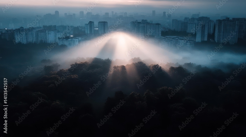 Fototapete a dramatic aerial view shows sunbeams penetrating through a thick layer of fog blanketing a dense fo