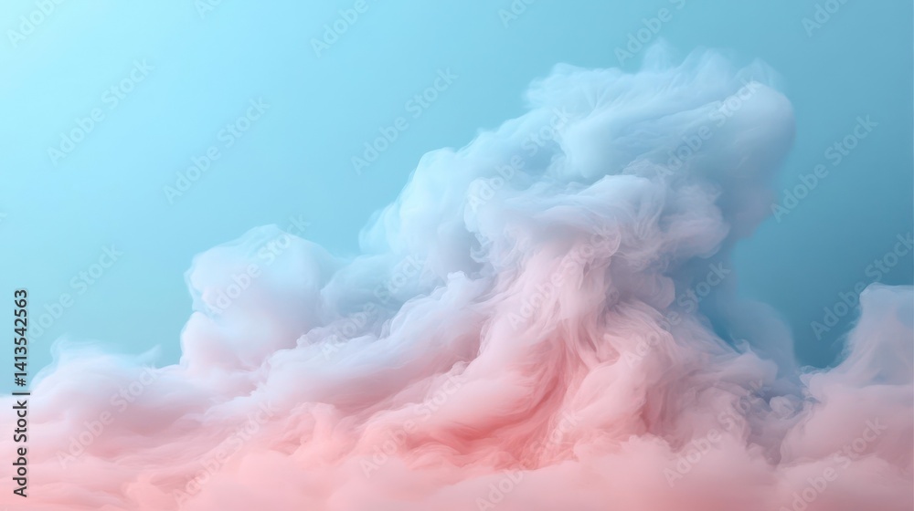 Poster close-up abstract depiction of a vibrant pink and blue pastel-colored smoke cloud against a light bl