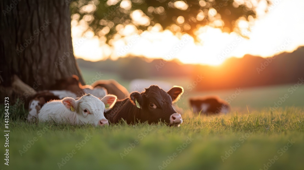 Poster Cattle rest under a large tree as the sun sets, casting a warm glow across a green field. A white calf and black calf lie in the foreground, adding a touch of tranquility to the rural scene