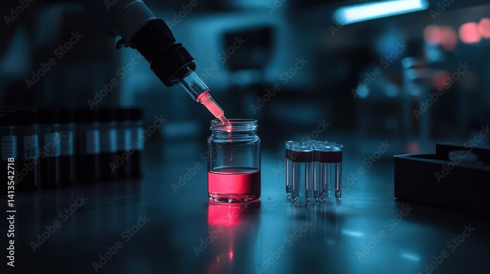 Poster close up of scientific research, liquid drips from pipette into vial in blue illuminated laboratory,