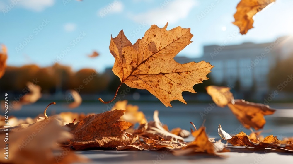 Poster a close-up low-angle shot captures the essence of autumn with falling dry leaves, illuminated by war