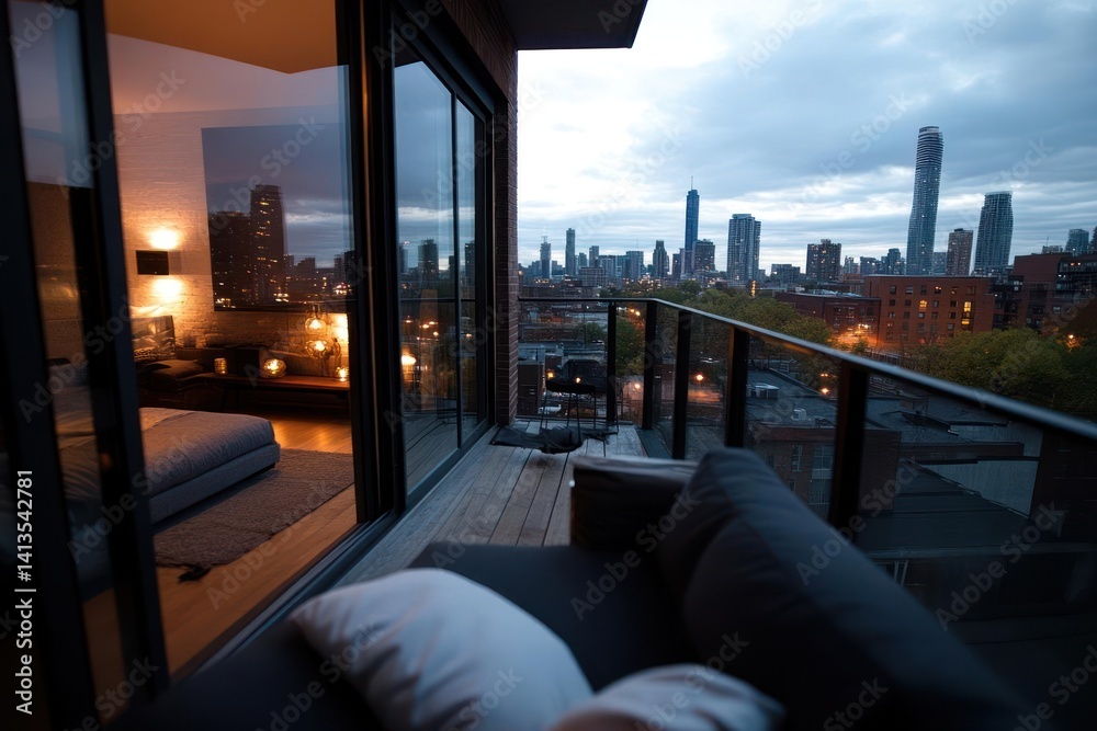 Poster view from a balcony at dusk showcasing a cityscape with tall buildings, an illuminated apartment int