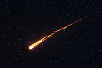 a brilliant flaming meteor with glowing molten tail streaking across the night sky, isolated on a transparent background for easy onto astronomy photography