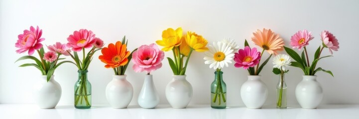 Diverse set of exotic flowers in a vase on a clean white surface , botanicals, flower vases
