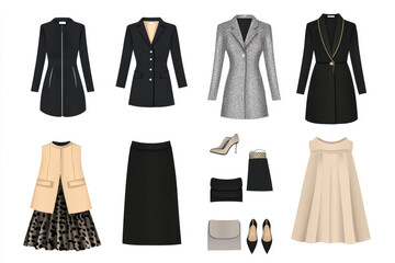 black silver beige women's clothes set isolated on white. trendy fashion female clothing. lady's elegant apparel collection.