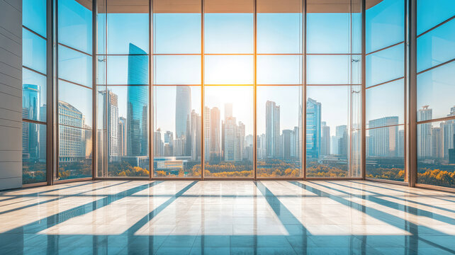 Fototapeta background image of clear daylight view of modern skyline through large windows. window view of cityscape wit blue sky background. sunny day photography. travel and urban architecture concept. aigt2.