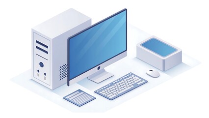 Isometric illustration of a desktop computer setup with a monitor, keyboard, and mouse on a white surface