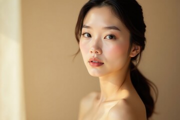Naklejka premium Elegant Asian woman with flawless skin and subtle makeup in soft beige surroundings, beauty standards, makeup artist, gentle features