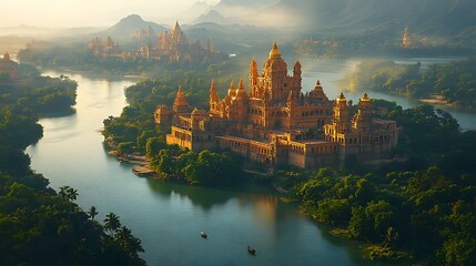 Naklejka premium Majestic Golden Palace Along The River Surrounded By Lush Greenery A Scenic Photo