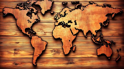 Wooden world map on planks