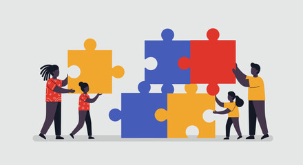 Flat Illustration Vector People Assembling Puzzle Pieces Together Illustration