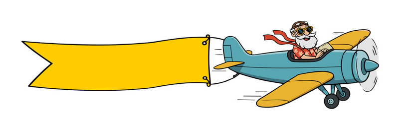 Cartoon pilot flying airplane with yellow banner  