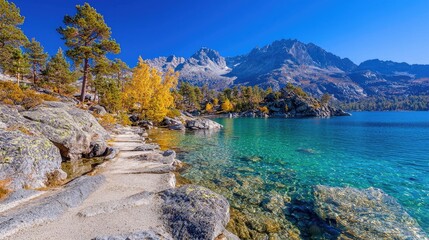 Serene mountain lake autumn landscape panoramic view