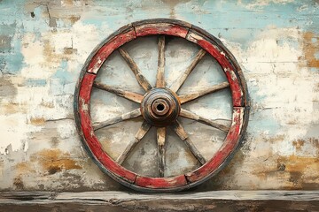 A weathered antique wagon wheel is mounted on a wall