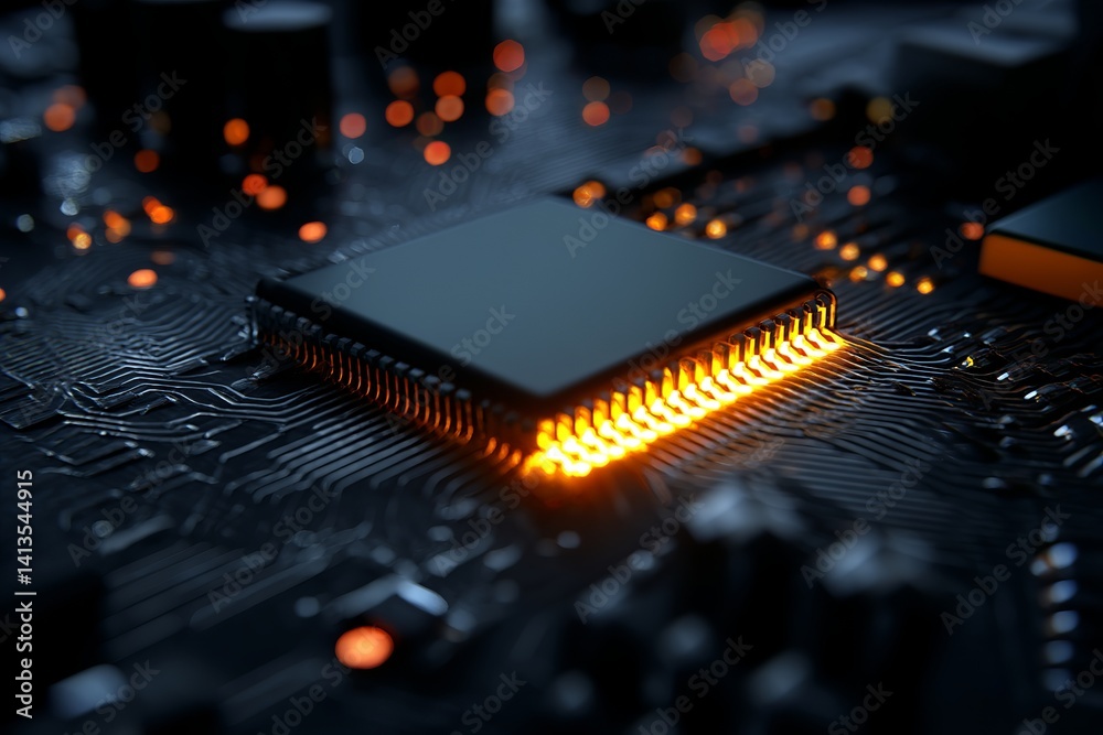 Poster close up view of a microchip with glowing pins on a dark circuit board surface in soft focus