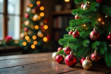 Evergreen Christmas tree on wooden table with ornaments and lights , Holiday decor, Winter wonderland