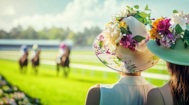 Women in floral hats watching horse race on sunny spring day at racetrack