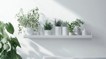 Minimalist shelf with potted plants. Sunlight casts shadows