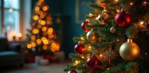 Festive Christmas tree decorated with ornaments and lights in a cozy room, holiday, ornaments, decorated