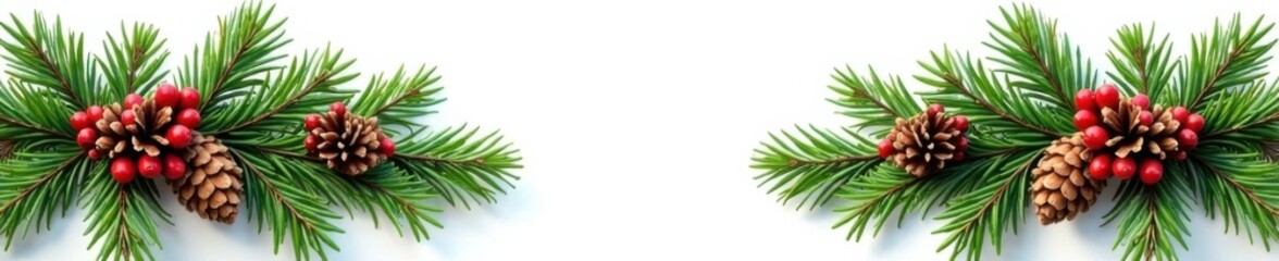 Fototapeta premium Fir branch wreath with pine cones and greenery, seasonal, christmas decorations, evergreen