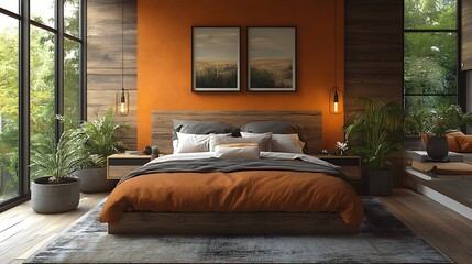 Modern Bedroom Interior Photo With Orange Wall Plants And Large Windows