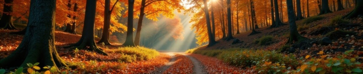 Fototapeta premium Forest clearing with dense deciduous foliage autumn, autumn colors, , leafy canopy