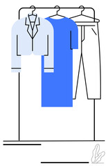 Clothing rack with formal jacket, blue dress, and trousers for organization, minimalist fashion, retail, sustainability, lifestyle, modern design, and simple landing page