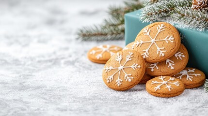 Golden brown cookies near teal gift box winter holiday food photography
