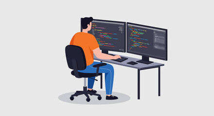Flat Illustration Vector Person coding with two monitors at desk in studio