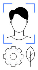 Human profile framed by recognition elements, a gear representing technology, and a leaf for ecology. Ideal for identity, sustainability, technology, innovation, environment, teamwork simple landing