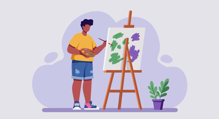 Flat Illustration Vector Person Painting on Canvas with Brush and Palette