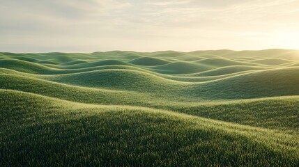 Fototapeta premium Rolling green meadow dew covered grass under gentle spring sun High resolution detail each blade of grass light fog warm golden hue blending cool green tone Peaceful rural vibe cinematic lighting