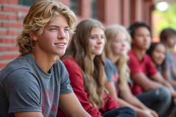 Obraz premium A group of people are sitting on a brick wall