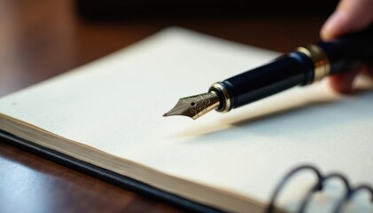 Elegant fountain pen poised above pristine notebook , craft, calligraphy