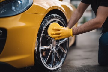 African Man Polishing Luxurious Yellow Car with Sponge and Focus on Wheel Cleaning Process