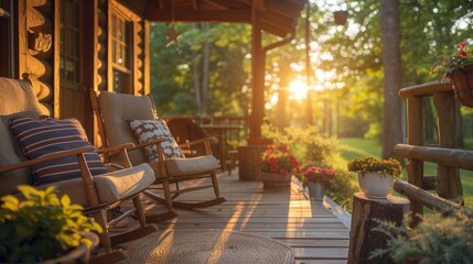 Obraz premium Cozy Cabin Porch Relaxing Sunset Ambiance with Patriotic Pillows, Ideal for Independence Day
