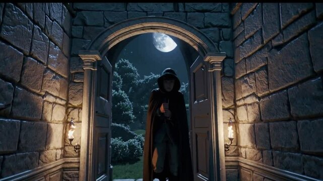 prince sneaking out of the castle in a cloak at midnight